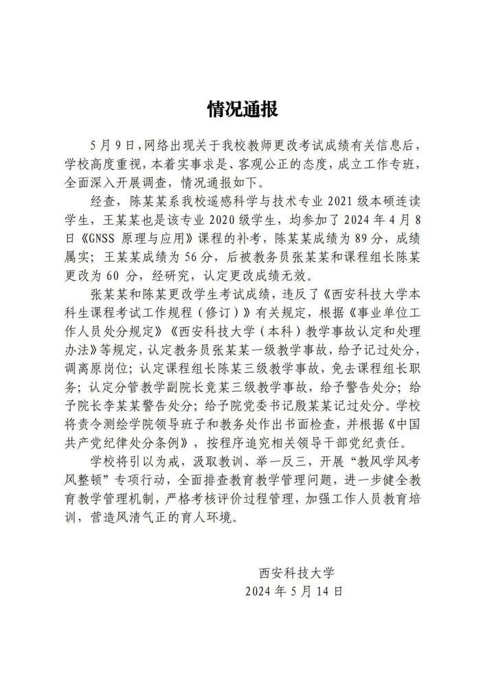 西安科大：更改无效，处分多人