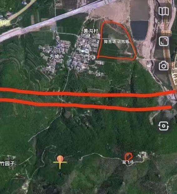 滑翔伞训练基地与电网区位示意图,红色横线代表正在建设的电网走向。