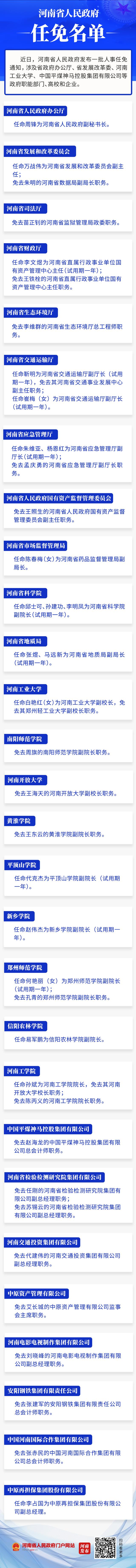 河南新任免一批干部，涉省政府办公厅、省发改委等