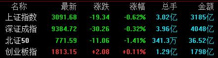 收盘丨沪指跌0.62%失守3100点，商业航天概念股大涨