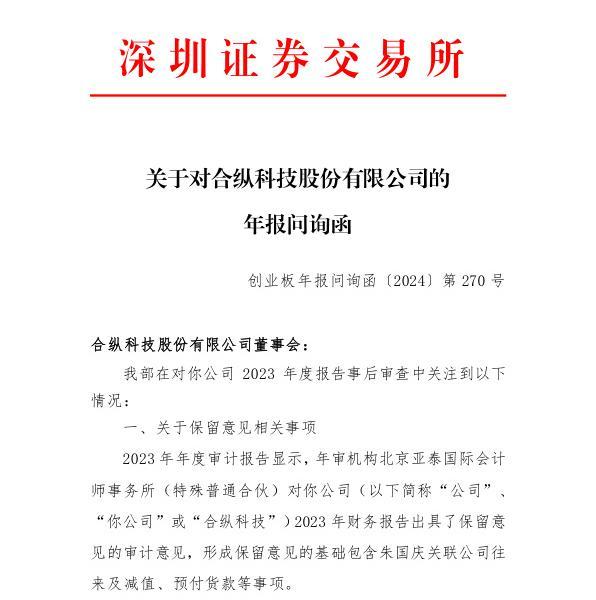 合纵科技受到年报问询函，因年审会计师对其2023年财务报告出具了保留意见