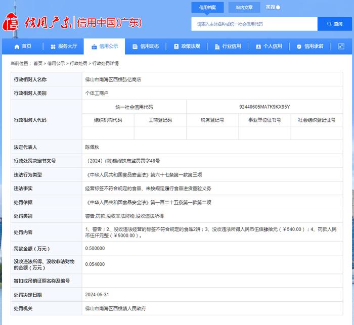 佛山市南海区西樵弘亿商店被罚款5000元并没收违法所得和财物