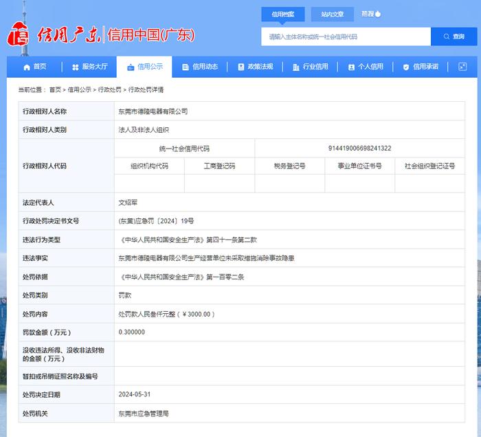 东莞市德隆电器有限公司被罚款3000元