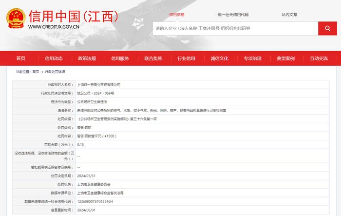 上饶菲一特商业管理有限公司被警告并罚款1000元（¥1500）