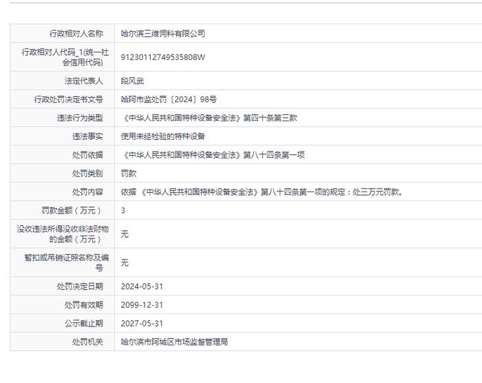 哈尔滨三维饲料有限公司被罚款3万元