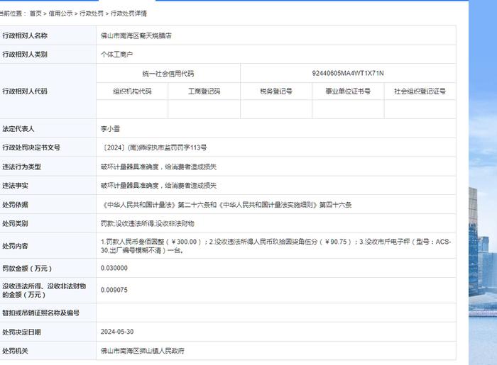 佛山市南海区裔天烧腊店被罚款300并没收非法所得与非法财物