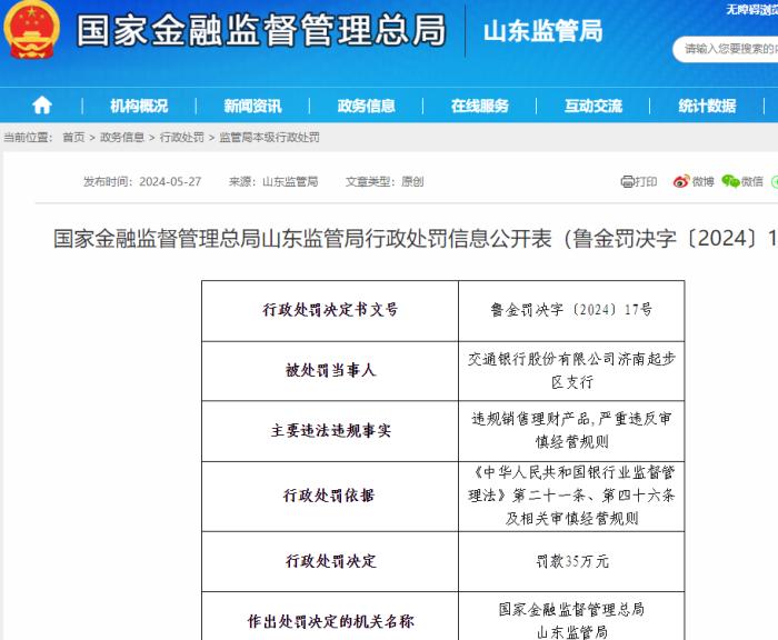 因违规销售理财产品、严重违反审慎经营规则，交行济南起步区支行被罚