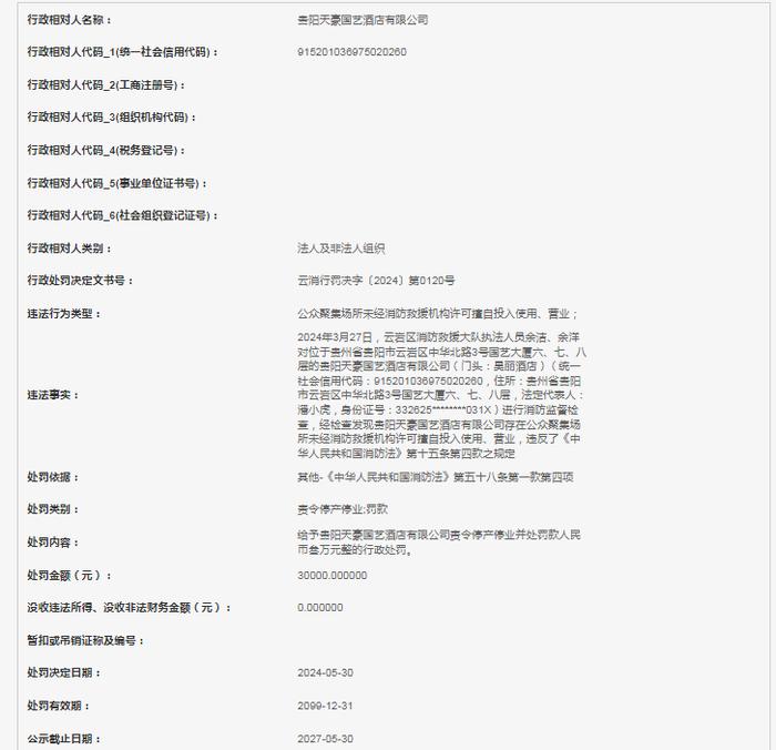 贵阳天豪国艺酒店有限公司被责令停产停业并处罚款30000元