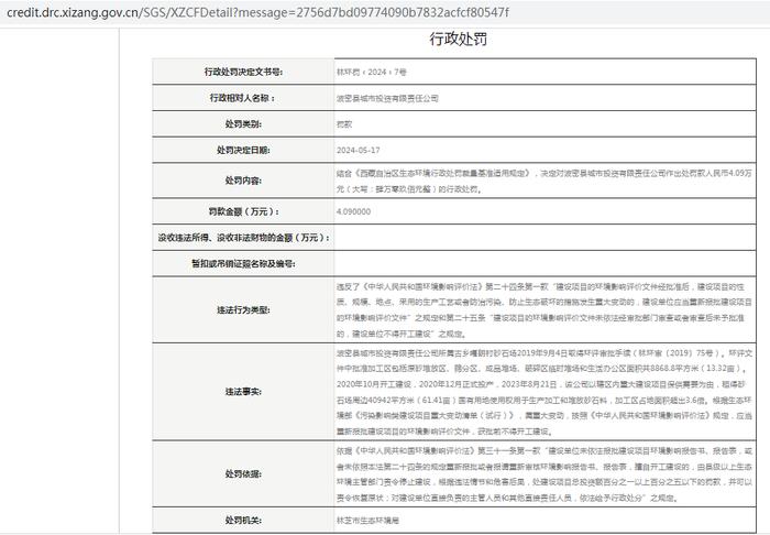 波密县城市投资有限责任公司被罚款4.09万元