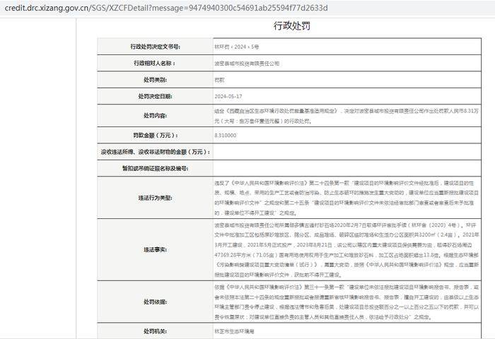 波密县城市投资有限责任公司被罚款8.31万元