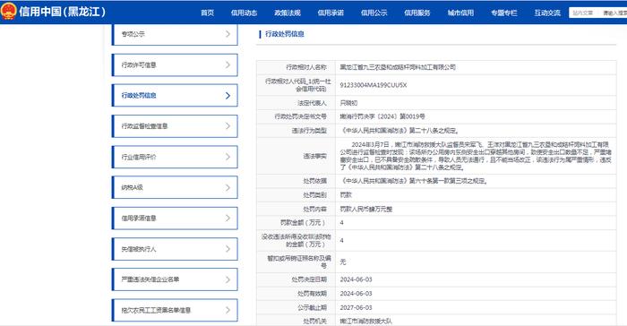 黑龙江省九三农垦和成秸杆饲料加工有限公司被罚款4万元
