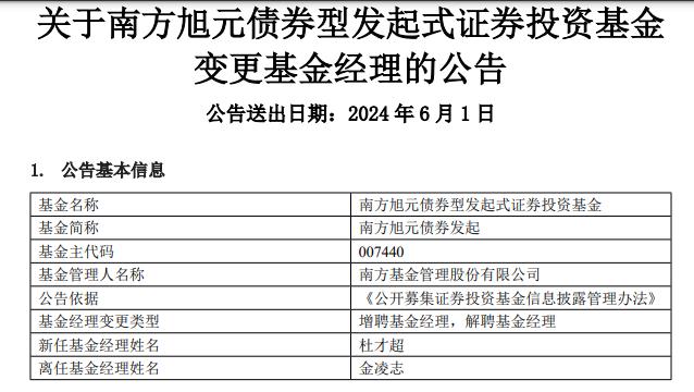 南方旭元债券A发生大额赎回 近期又增聘基金经理