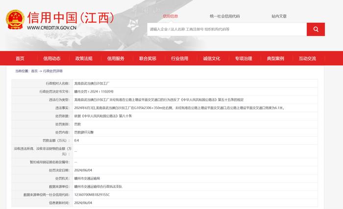 龙南县武当镇白沙加工厂被罚款0.4万元