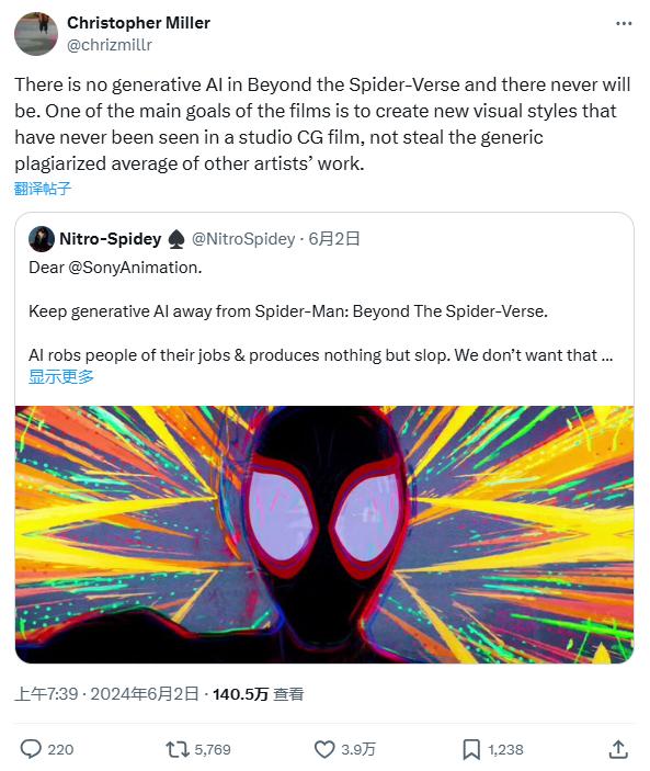 《蜘蛛侠：纵横宇宙》官方回应：“绝不在电影中加入AI内容”