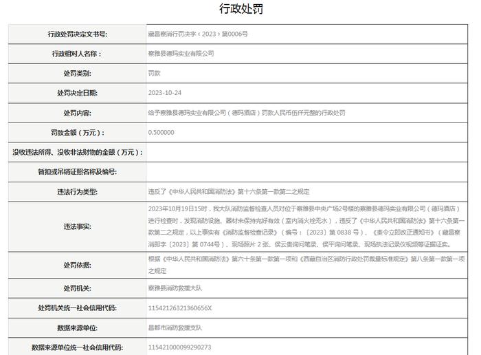 察雅县德玛实业有限公司被罚款5000元