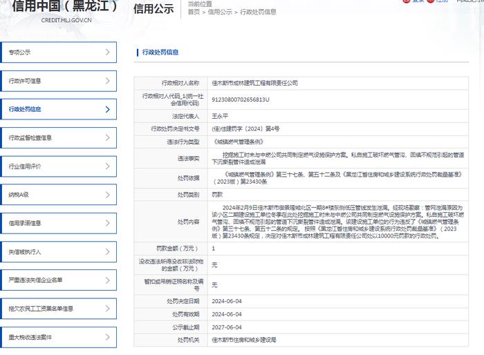 佳木斯市成林建筑工程有限责任公司被罚款10000元