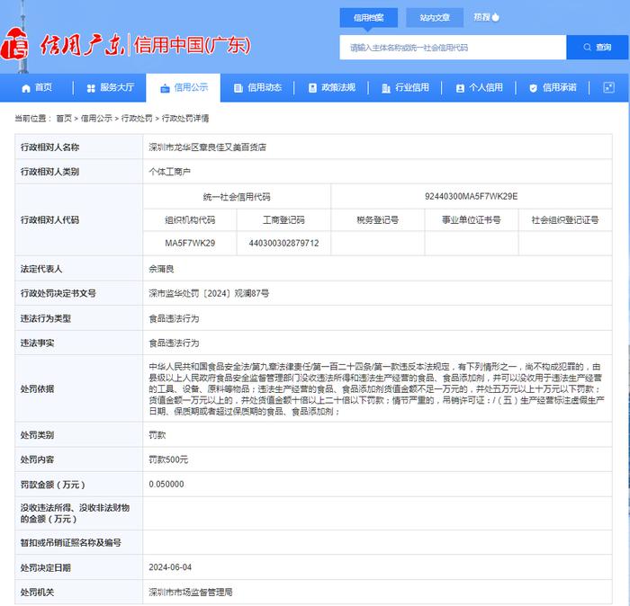 深圳市龙华区章良佳又美百货店被罚款500元