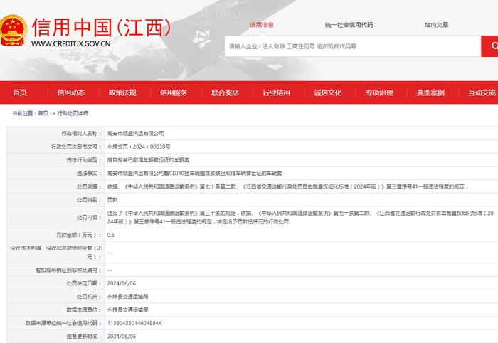 高安市顺盛汽运有限公司被罚款0.5万元