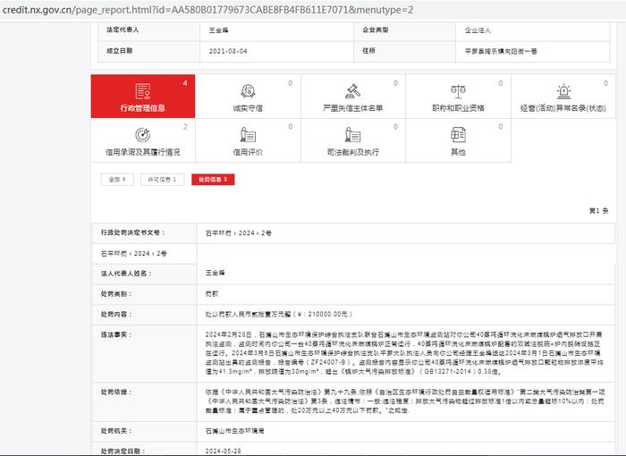 平罗县德渊热力有限公司陶乐分公司被罚款210000元