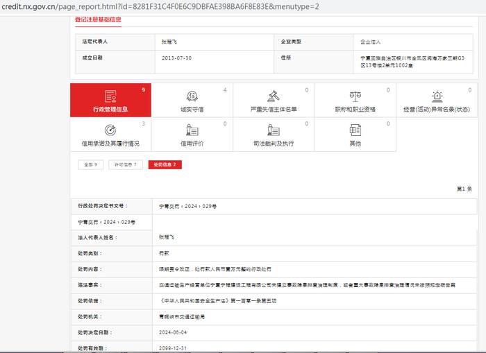 宁夏宁程建设工程有限公司被罚款1万元