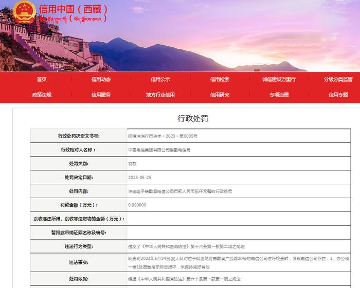 中国电信集团有限公司措勤电信局被罚款5000元