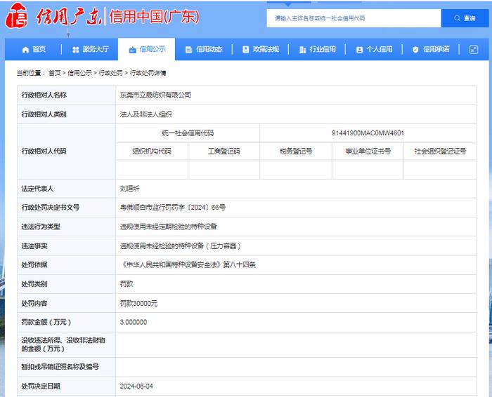 东莞市立晟纺织有限公司被罚款30000元