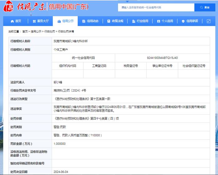 东莞市南城邹小锋内科诊所被罚款1万元整