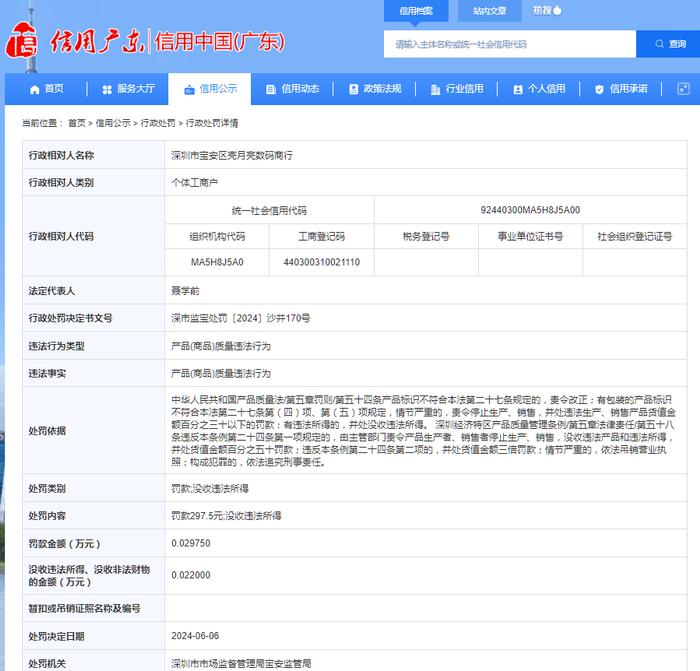 深圳市宝安区壳月亮数码商行被罚款297.5元并没收违法所得