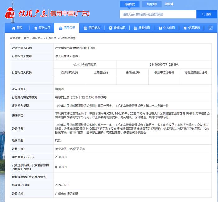 广东恒福汽车销售服务有限公司被罚款2万元