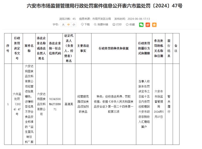 六安达利园食品饮料有限公司因违规操作被罚