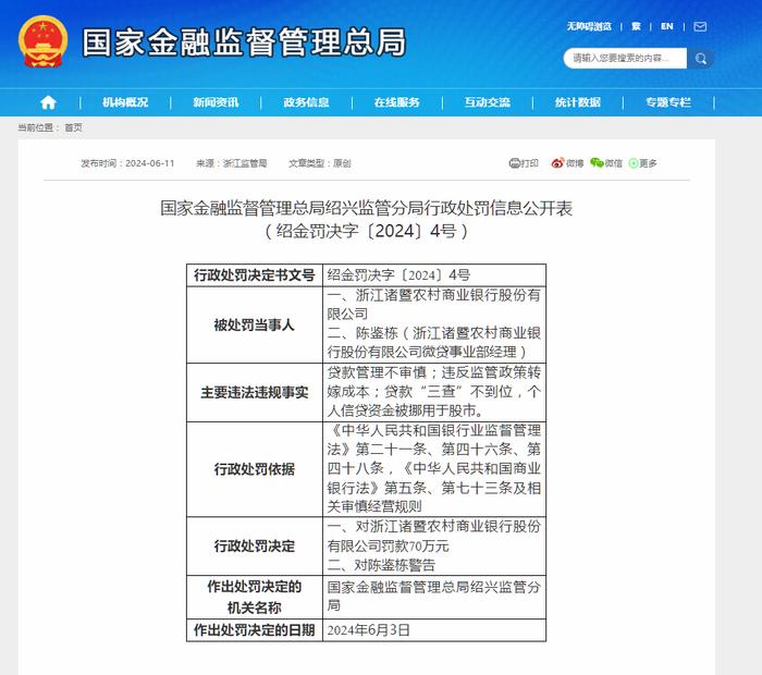 浙江诸暨农商银行及微贷事业部经理陈鉴栋被行政处罚，贷款管理不审慎且违反监管政策