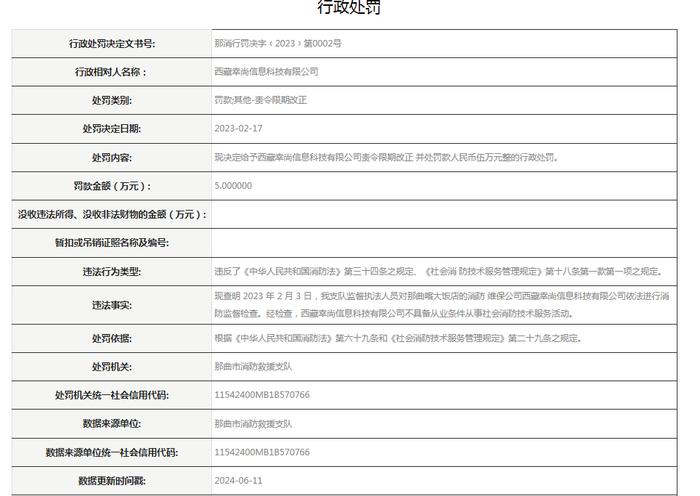 西藏幸尚信息科技有限公司被罚款及责令限期改正5万元