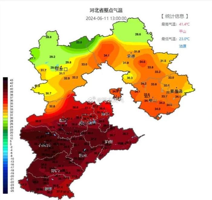 ▲6月11日13时,河北气温情况。图片来自@河北天气
