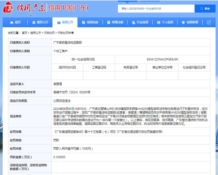 广宁县安盈货物运输部被罚款1000元