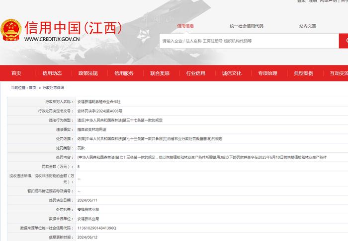 安福县福明养殖专业合作社被罚款8万元