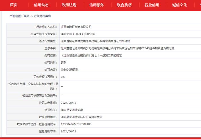 江西鑫隆旺物流有限公司被罚款5000元