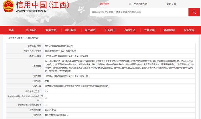 赣州汉博嘉盛商业管理有限公司被罚款26000元