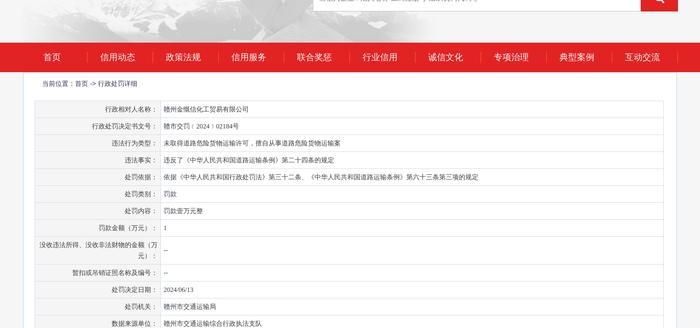 赣州金慨信化工贸易有限公司被罚款1万元