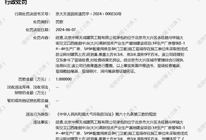 北京中辉天成建筑工程有限公司被罚款1万元