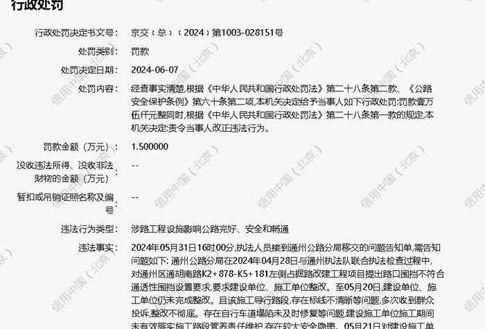 北京市市政一建设工程有限责任公司被罚款1.5万元