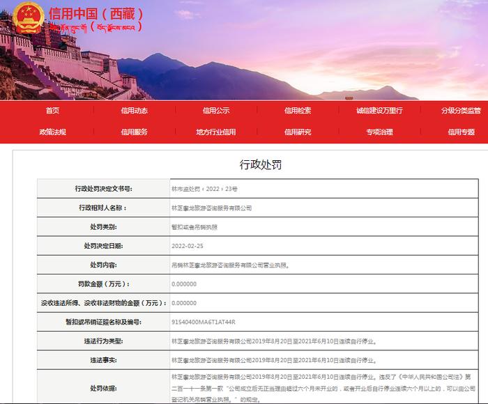 林芝攀龙旅游咨询服务有限公司被暂扣或者吊销执照