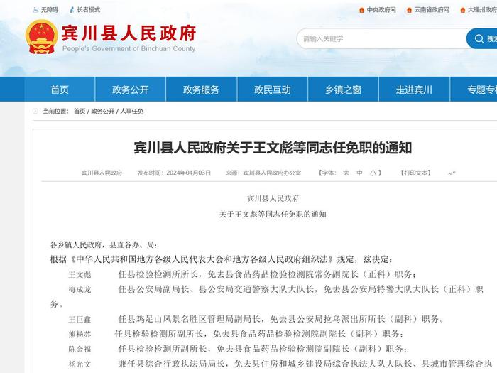 宾川县人民政府关于王文彪等同志任免职的通知