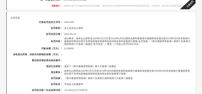 平武县水晶镇中心卫生院被处罚款2000元