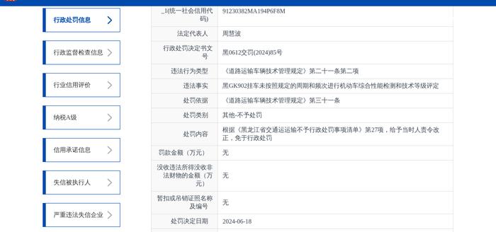 密山市兴俐运输服务有限公司被给予当时人责令改正，免于行政处罚