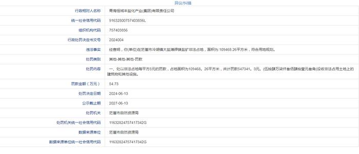 青海恒域丰盐化产业(集团)有限责任公司被罚款54.73万元