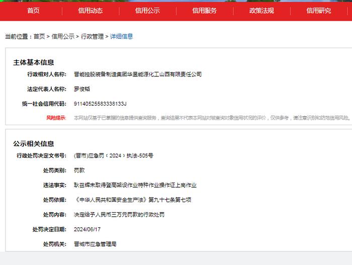晋能控股装备制造集团华昱能源化工山西有限责任公司被罚款三万元