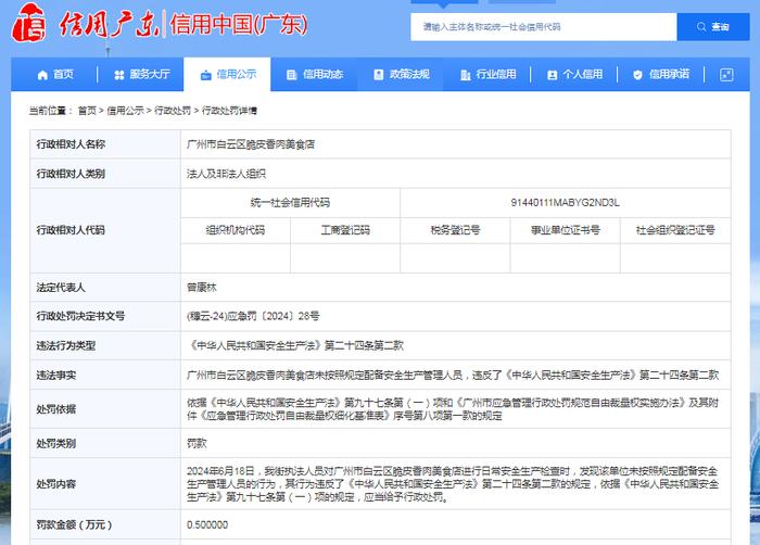 广州市白云区脆皮香肉美食店被罚款5000元