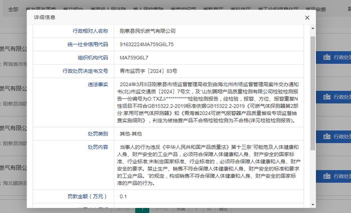 刚察县民乐燃气有限公司被罚款0.1万元