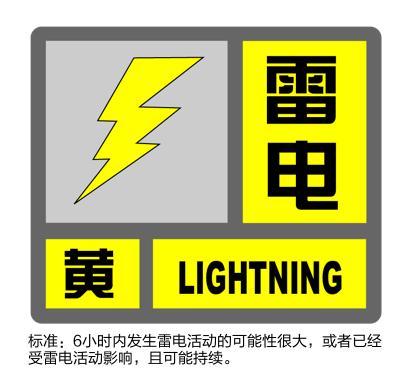 雷电黄色预警！预计12小时内本市大部分地区将发生雷电活动，并伴有短时强降水