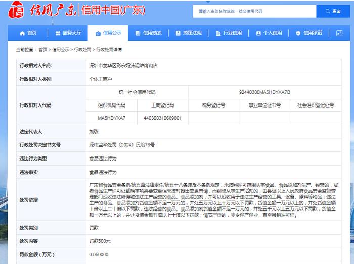 深圳市龙华区彩宏妈沫泥炉烤肉店被罚款500元
